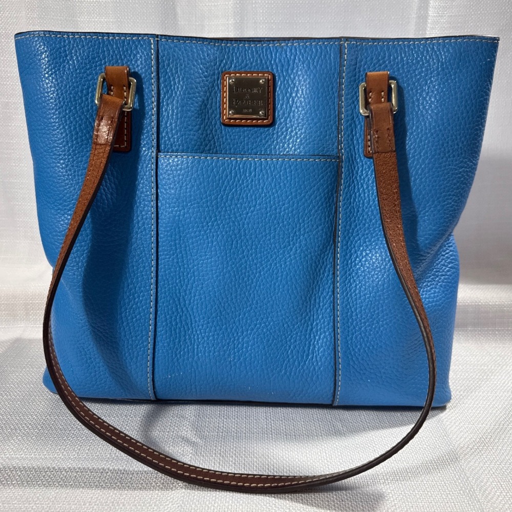 Dooney & Bourke Pebble Grain Leather Tote Bag Vibrant Blue Tan Trim Shoulder Bag